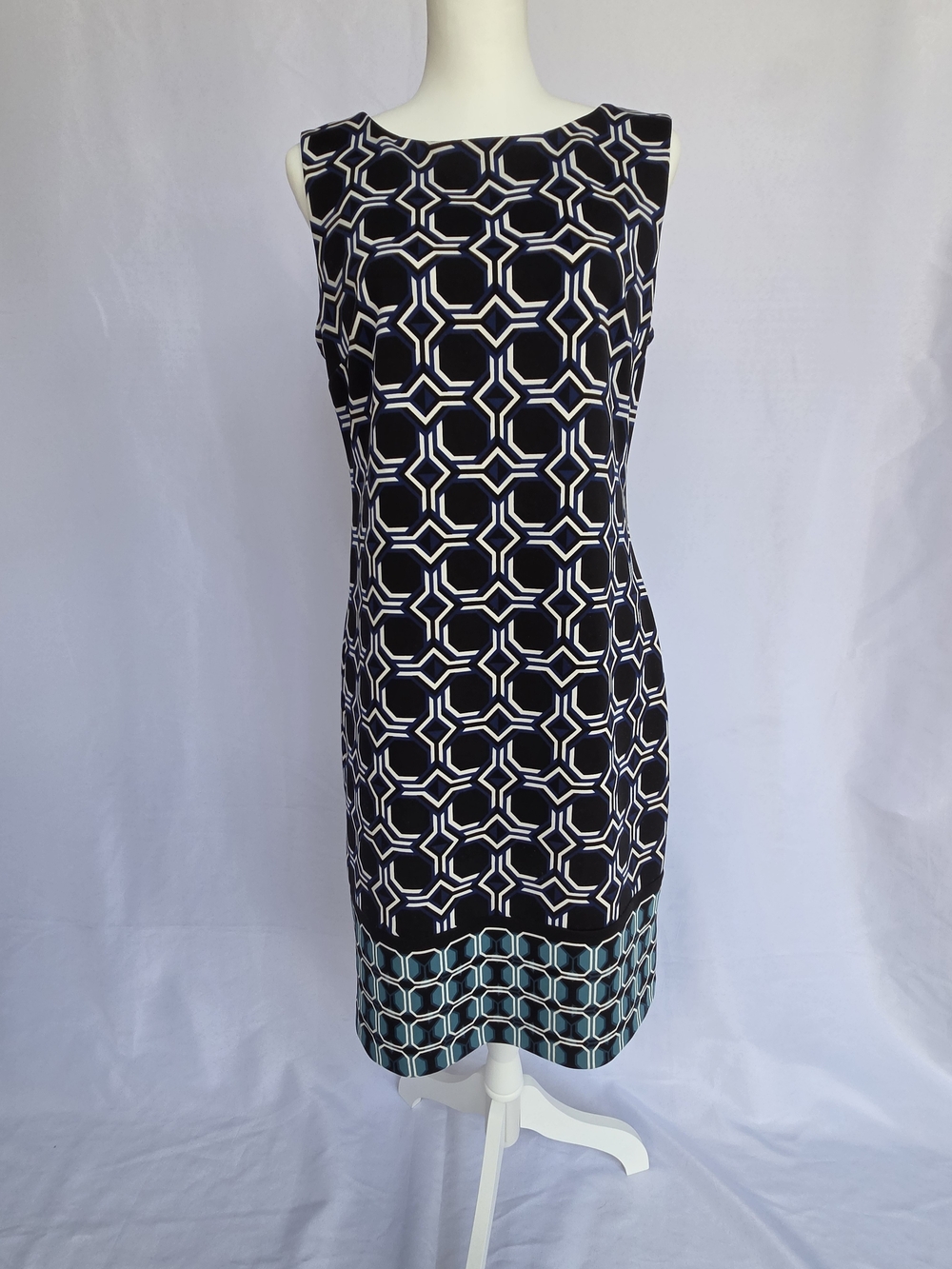 Liz Claiborne Navy and White Geometric Sheath Dress with Teal Border